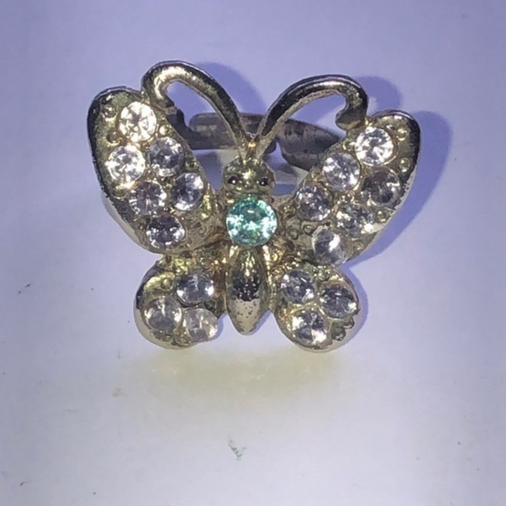 Vintage Adjustable Silver Tone CZ Rhinestones Butterfly Boho Ring